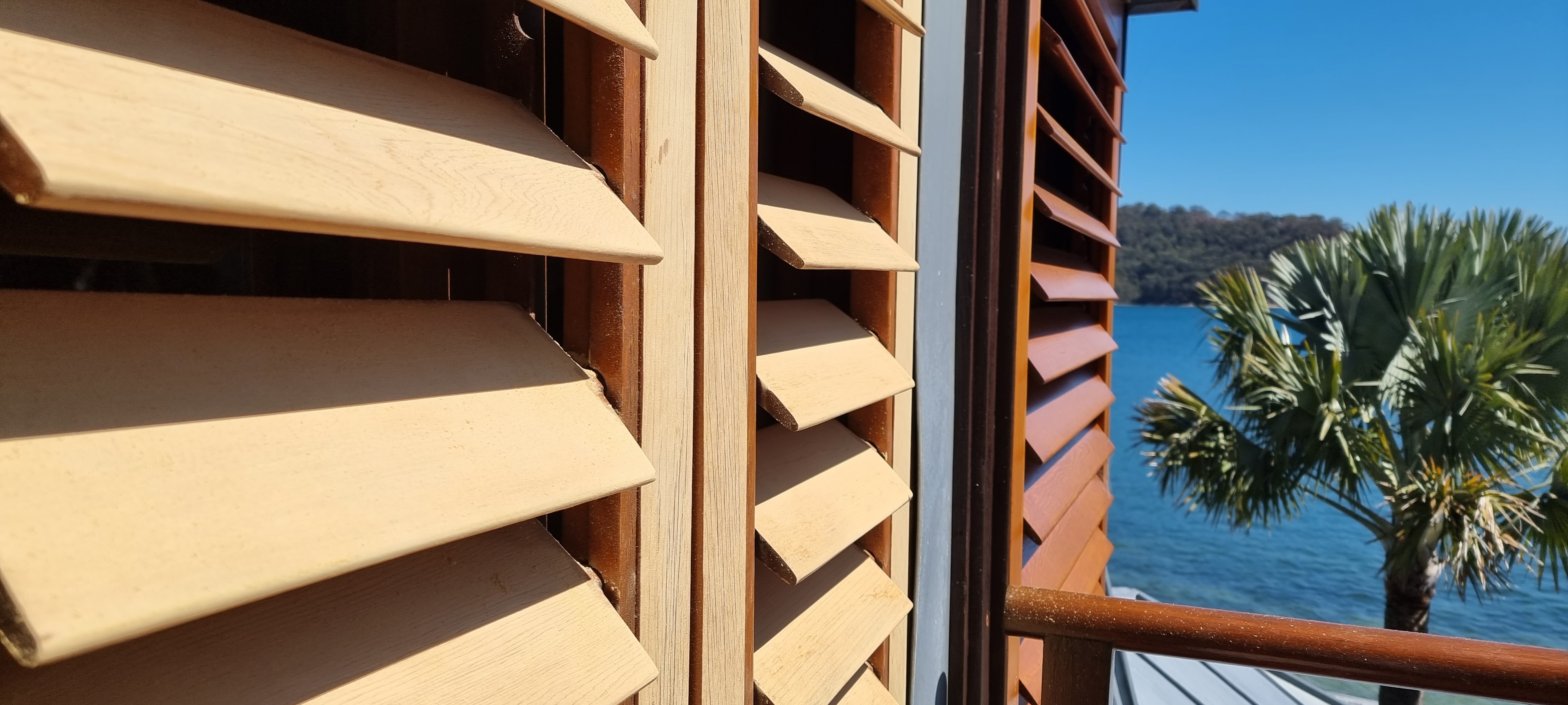 Stained timber louvers with water and palm tree view — Northern Beaches